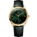 Omega De Ville Trésor men's watch with green dial, gold case, and black leather strap