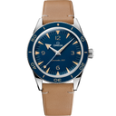 Omega Seamaster 300 men's watch with blue dial, tan leather strap, stainless steel case