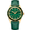 Omega Seamaster 300 gold watch with green dial and leather strap, luxury men's timepiece