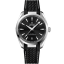 Omega Seamaster Aqua Terra 150M men's watch with black dial, silver markers, and black textured strap