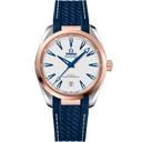 Omega Seamaster Aqua Terra men's watch with blue rubber strap, silver dial, rose gold bezel