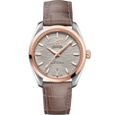 Omega Seamaster Aqua Terra men's watch with rose gold bezel, taupe leather strap, and silver wave dial