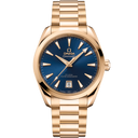 Omega Seamaster Aqua Terra men's gold watch with blue dial and date display, luxury timepiece