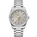 Omega Seamaster Aqua Terra 38mm men’s watch with silver dial, blue hour markers, diamond bezel, stainless steel bracelet