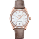 Omega Seamaster Aqua Terra 150M rose gold watch with diamond bezel and brown leather strap