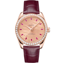 Omega Seamaster Aqua Terra 150M rose gold men's watch with diamond bezel and burgundy leather strap