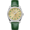 Omega Seamaster Aqua Terra men’s watch with gold dial, green gem markers, diamond bezel, green leather strap