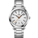 Omega Seamaster Aqua Terra men's watch with silver dial, steel bracelet, and orange accents