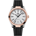 Omega Seamaster Aqua Terra men's watch with silver dial, rose gold bezel, black strap