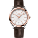 Omega Seamaster Aqua Terra 150M men’s watch with white dial, rose gold bezel, brown leather strap