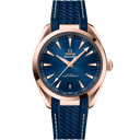 Omega Seamaster Aqua Terra 150M men's watch with blue dial, rose gold case, and blue strap
