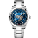 Omega Seamaster Aqua Terra GMT Worldtimer 43mm men's watch with stainless steel bracelet, blue dial, and world map design, featured on OM Tempus.