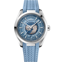 Omega Seamaster Aqua Terra Worldtimer men's luxury watch with blue strap and detailed world map dial
