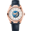 Omega Seamaster Aqua Terra 150M rose gold men's watch with worldtimer blue leather strap