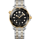 Omega Seamaster Diver 300M men's watch with two-tone bracelet, black dial, and gold bezel