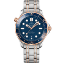 Omega Seamaster Diver 300M men’s watch with blue dial, rose gold bezel, and steel bracelet