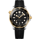 Omega Seamaster Diver 300M men’s watch with black and gold bezel, black rubber strap
