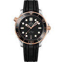 Omega Seamaster Diver 300M men's watch with black dial, gold accents, and black rubber strap