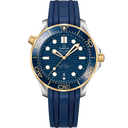 Omega Seamaster Diver 300M men's watch with blue dial, gold accents, and blue rubber strap