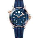Omega Seamaster Diver 300m men's watch with blue dial, gold bezel, and blue rubber strap