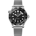 Omega Seamaster Diver 300M men's watch with black dial, steel mesh bracelet, luxury design