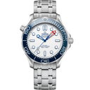 Omega Seamaster Diver 300M watch with white dial, blue bezel, and stainless steel bracelet