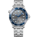 Omega Seamaster Diver 300M men's watch with silver wave dial, blue bezel, and steel bracelet