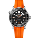 Omega Seamaster Diver 300M men’s watch with black dial, orange rubber strap, stainless steel case at OM Tempus