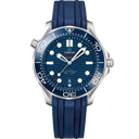 Omega Seamaster Diver 300M men's watch with blue dial, ceramic bezel, and rubber strap