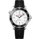 Omega Seamaster Diver 300M men’s watch with white wave dial, black bezel, and black rubber strap