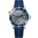 Omega Seamaster Diver 300M men’s watch with blue bezel, gray dial, and blue rubber strap