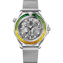 Omega Seamaster Diver 300M men's watch with green and yellow bezel, silver mesh bracelet