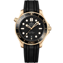 Omega Seamaster Diver 300M men's watch with black dial, gold case, and black rubber strap