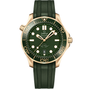 Omega Seamaster Diver 300M men’s watch with green dial, gold case, and rubber strap