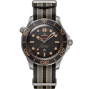 Omega Seamaster Diver 300M men's watch with black dial, bronze accents, and NATO strap