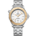 Omega Seamaster Diver 300M men’s watch with gold bezel, white wave dial, and steel bracelet.