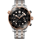 Omega Seamaster Diver 300M men's watch with black dial, rose gold accents, and steel bracelet.