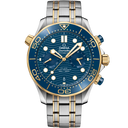 Omega Seamaster Diver 300m men's watch with blue dial, gold accents, and stainless steel bracelet on OM Tempus
