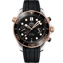 Omega Seamaster Diver 300M men's watch, black dial, gold accents, rubber strap, luxury design