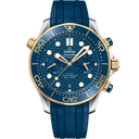 Omega Seamaster Diver 300M men's watch with blue dial, gold accents, and blue rubber strap