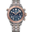 Omega Seamaster Diver 300M men's watch with blue dial, rose gold accents, and metal bracelet