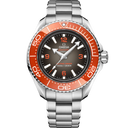 Omega Seamaster Planet Ocean 6000m men's dive watch with orange bezel and stainless steel bracelet