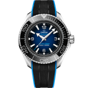 Omega Seamaster Planet Ocean 6000M men’s watch with blue dial, black bezel, and black strap