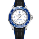 Omega Seamaster Planet Ocean 6000M men's dive watch with blue bezel and white dial