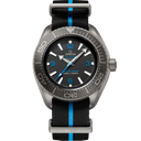Omega Seamaster Planet Ocean 6000M men's dive watch with black dial, blue accents, and NATO strap
