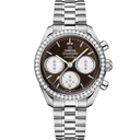 Omega Speedmaster 38mm men's watch with brown dial, diamond bezel, and stainless steel bracelet