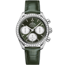 Omega Speedmaster 38mm men's watch with green dial, diamond bezel, and green leather strap