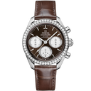 Omega Speedmaster 38mm chronograph with diamond bezel, brown dial, and leather strap