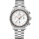 Omega Speedmaster 38mm men’s chronograph watch with stainless steel bracelet, silver dial, and tachymeter bezel from OM Tempus