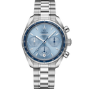 Omega Speedmaster 38mm stainless steel chronograph watch with blue dial and tachymeter bezel